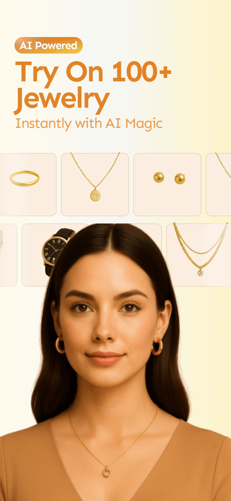 AI Jewelry Try-On: JewelryTry - Virtual jewelry try on interface with AI preview of gold necklaces and earrings