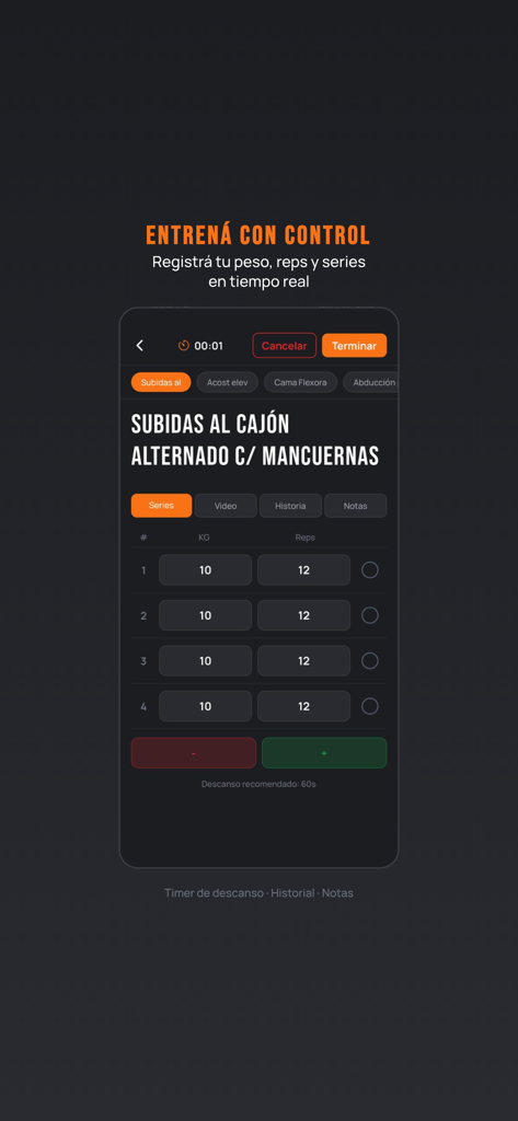 Triforce Gym - Interfaz de la aplicación Triforce Gym que muestra el seguimiento en tiempo real de pesas y repeticiones para un ejercicio de entrenamiento de fuerza