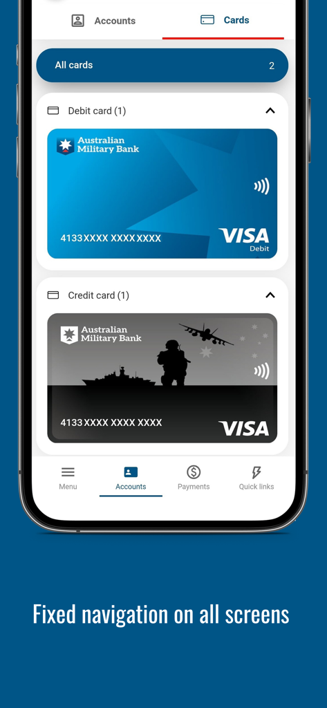 AustMilBank - AustMilBank mobile app displaying Visa debit and credit card details with military themed designs.