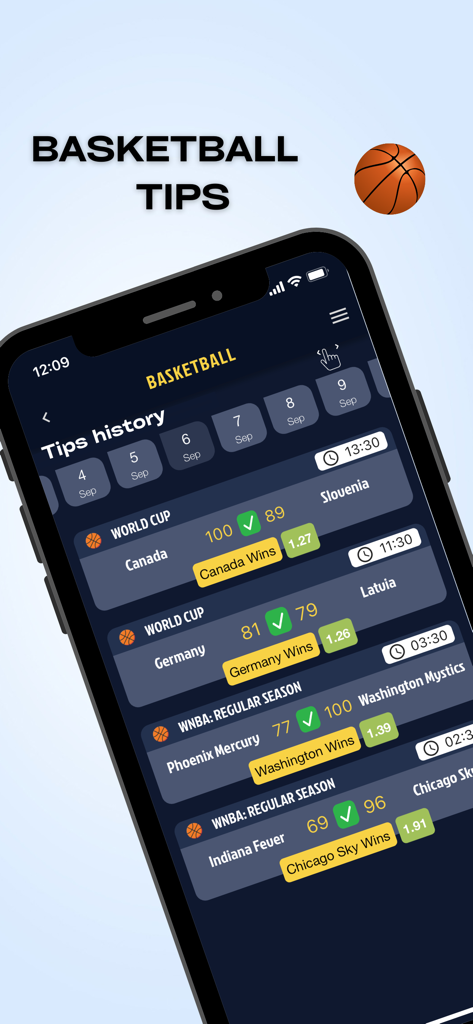 Smartphone screen displaying basketball betting tips history for World Cup and WNBA games on the Bet On Air app