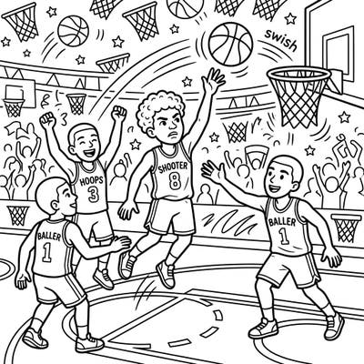 Get ready to unleash your creativity with this action-packed basketball coloring page! Join our dynamic three-point sharpshooters as they dominate the court and make incredible shots.