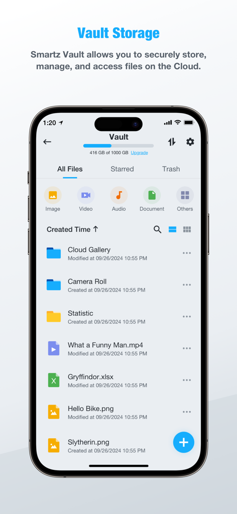 Smartz Eaze - Smartz Eaze app interface showing the Vault Storage feature for managing cloud files and folders on a smartphone
