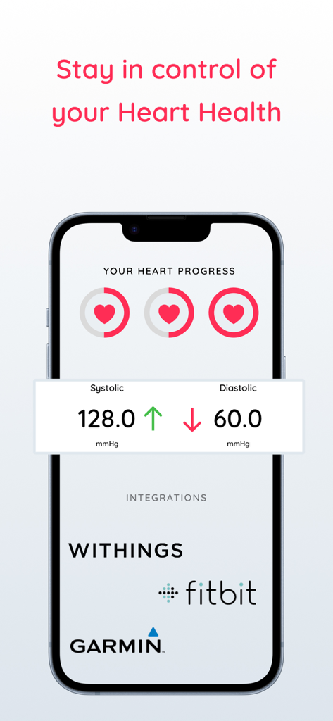 Hearty - Heart Health Monitor - Hearty app dashboard showing blood pressure tracking and integrations with Garmin, Fitbit, and Withings