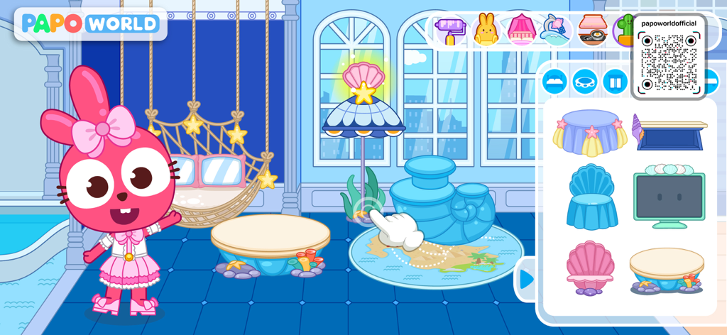 Papo Town: World - A pink bunny character in a blue ocean-themed room with a furniture selection menu