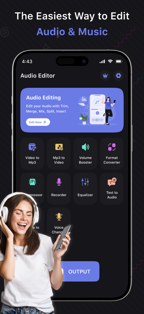 Audio Editor & Music Editor - Main interface of the Audio Editor and Music Editor app featuring various tools like Video to Mp3 and Volume Booster