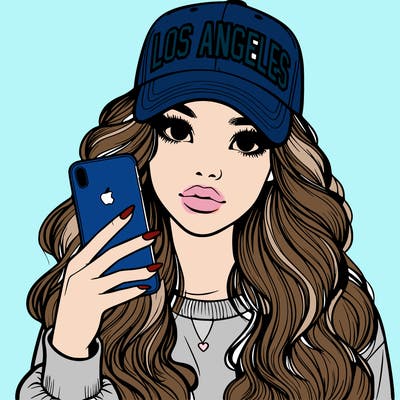 realistic beautiful girl wearing los ángeles cap holding an iphone