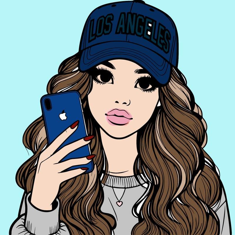 realistic beautiful girl wearing los ángeles cap holding an iphone