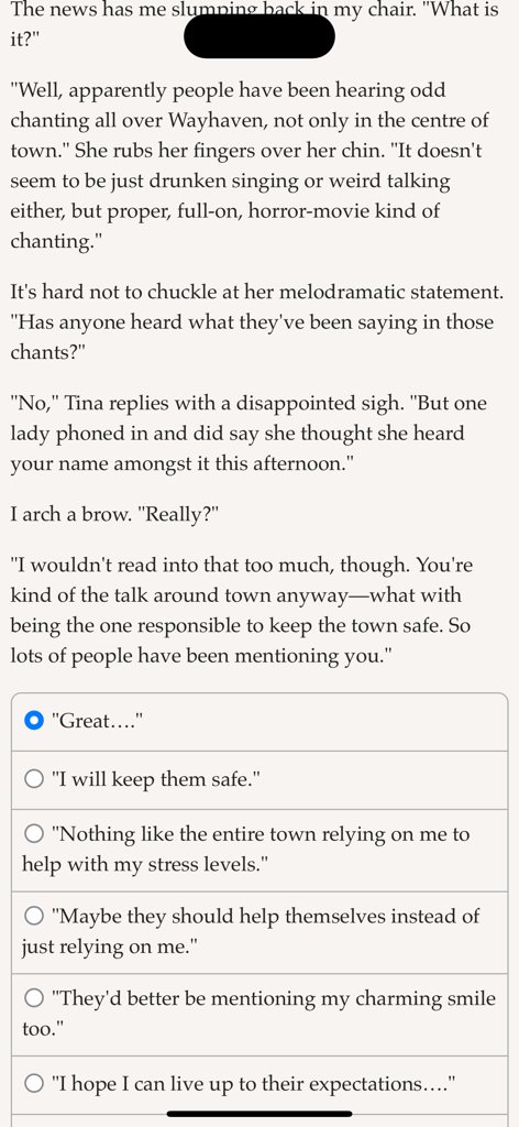 A text-based gameplay screen from Wayhaven Chronicles Book One showing a dialogue scene with multiple choice response options