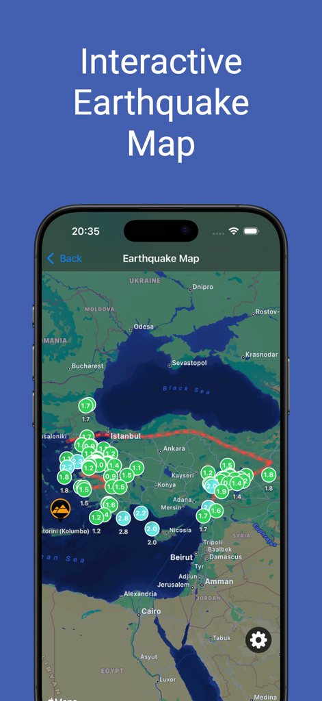 Deprem Bildirim ve Güvenlik - A mobile app screen showing an interactive earthquake map with magnitude markers over a geographic region.