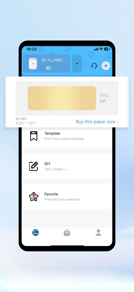 Jadens Printer app mobile interface showing label design options including DIY and templates for small business owners