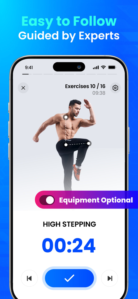 Screenshot of Home Workout app showing a guided high stepping exercise with a countdown timer