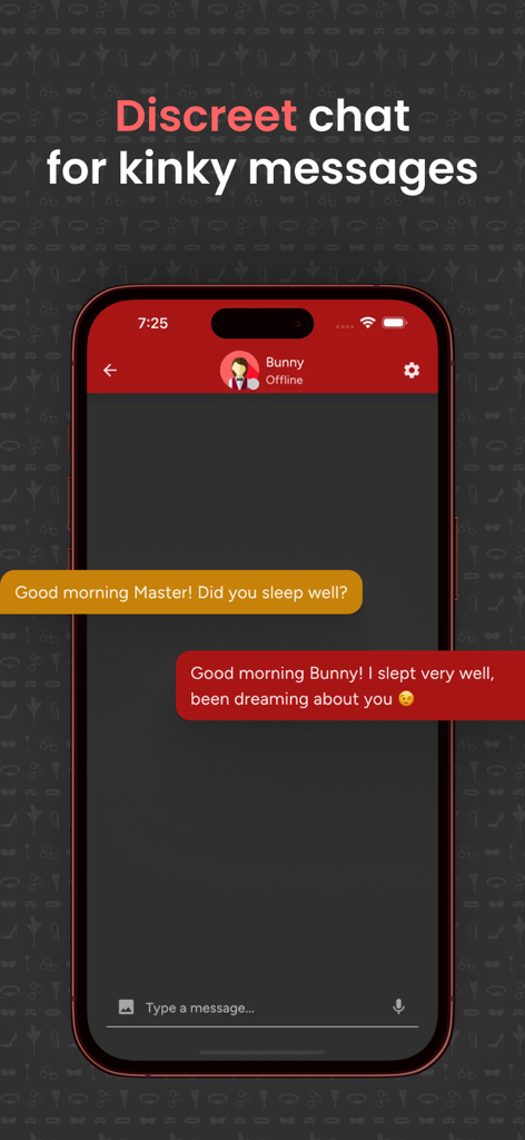 A discreet chat screen within the Obedience BDSM habit tracker app showing messages between partners.