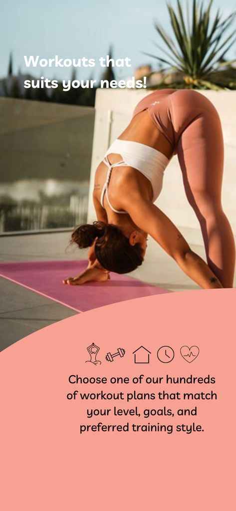 Livity - Une femme effectuant un étirement de yoga sur un tapis rose avec diverses icônes de fitness et du texte sur le plan d'entraînement