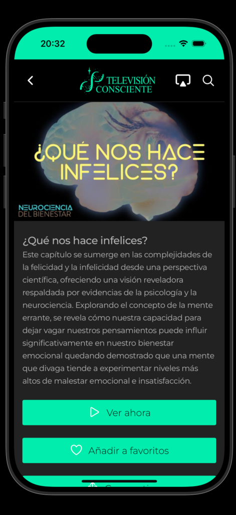 Televisión Consciente - Yoga - Interface of the Television Consciente app featuring a scientific course on happiness and neuroscience in Spanish