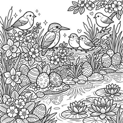 Welcome the joys of spring with this enchanting Easter coloring page featuring serene river birds. Discover a delightful scene adorned with blossoming flowers, reeds, and festive decorated eggs awaiting your creative touch.