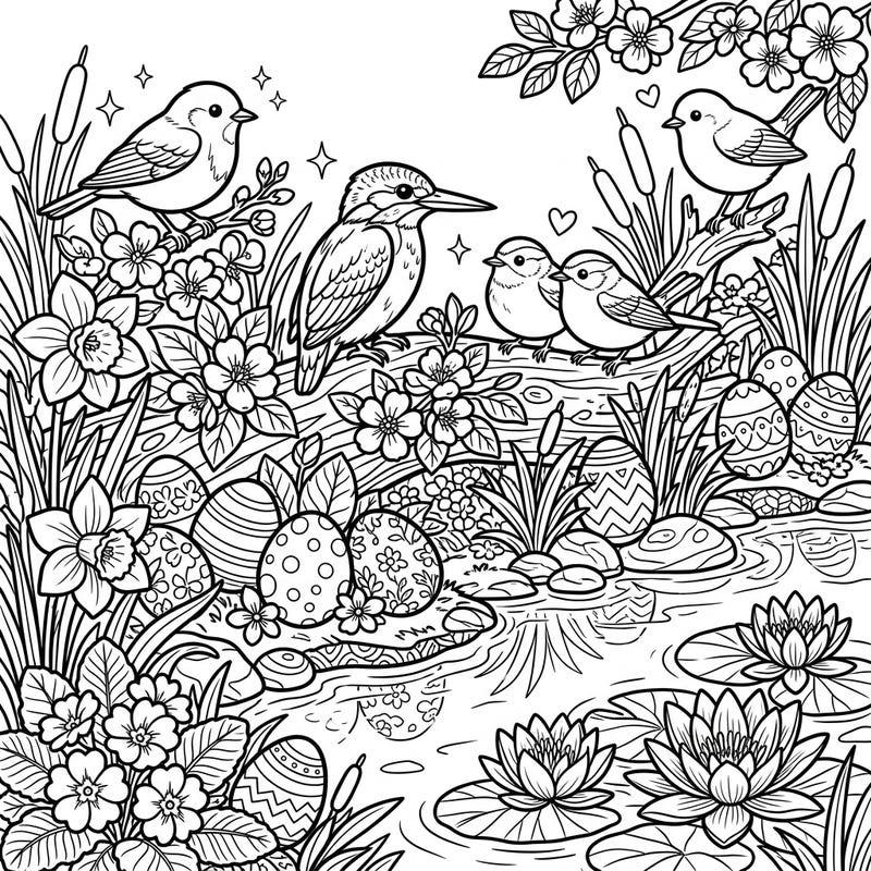 Welcome the joys of spring with this enchanting Easter coloring page featuring serene river birds. Discover a delightful scene adorned with blossoming flowers, reeds, and festive decorated eggs awaiting your creative touch.
