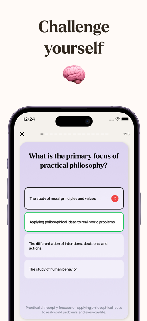 Quiztr - Revision Sheets - Schermata di uno smartphone che mostra un quiz a scelta multipla di filosofia sull'app Quiztr con risposte corrette e sbagliate evidenziate.