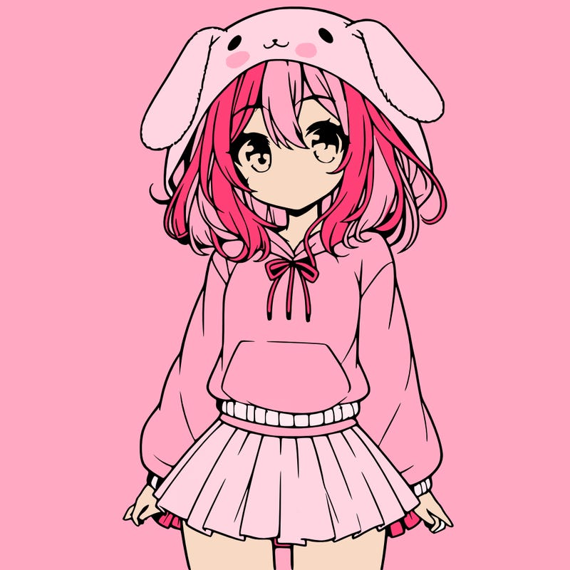 pretty anime girl wearing a fluffy hoodie with bunny ears on the hood and a skirt