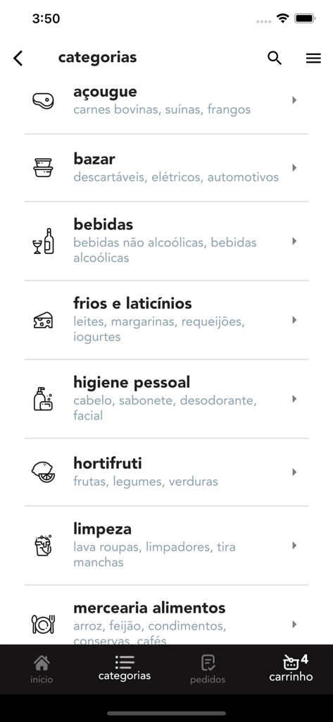 Muffato Express - Muffato Express mobile app interface displaying a list of shopping categories including butcher drinks and produce