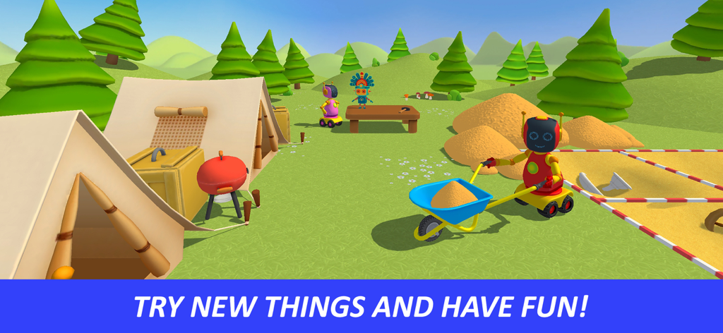 A robot character pushing a wheelbarrow at a colorful campsite in Leos World