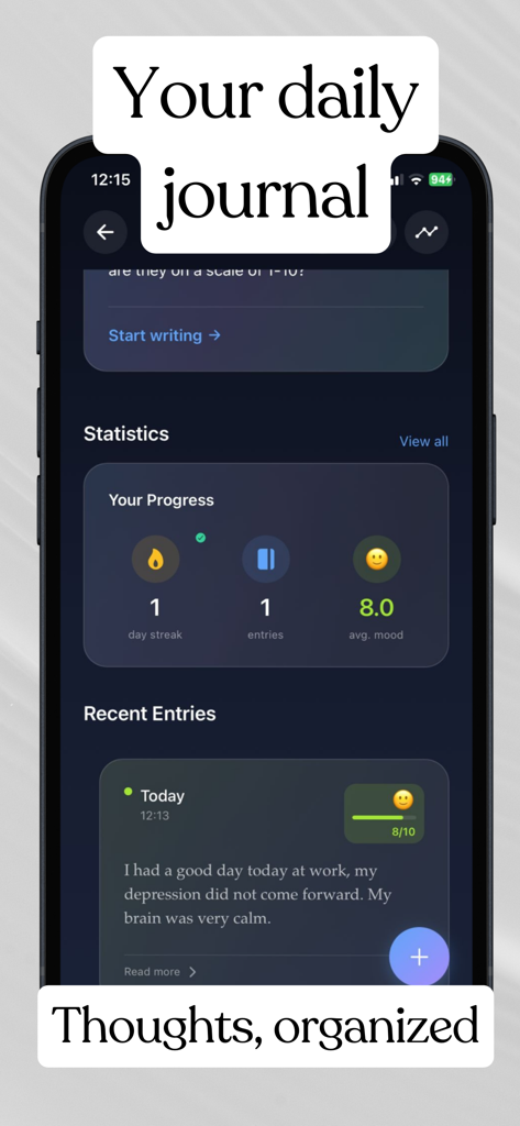 Aurora: AI Therapy & Community - Panel de diario en la aplicación de terapia IA de Aurora que muestra estadísticas de estado de ánimo y entradas recientes en modo oscuro