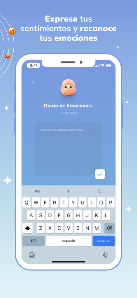 Müud - Mobile screen showing the Muud app emotional diary with a text input area and keyboard for journaling feelings.