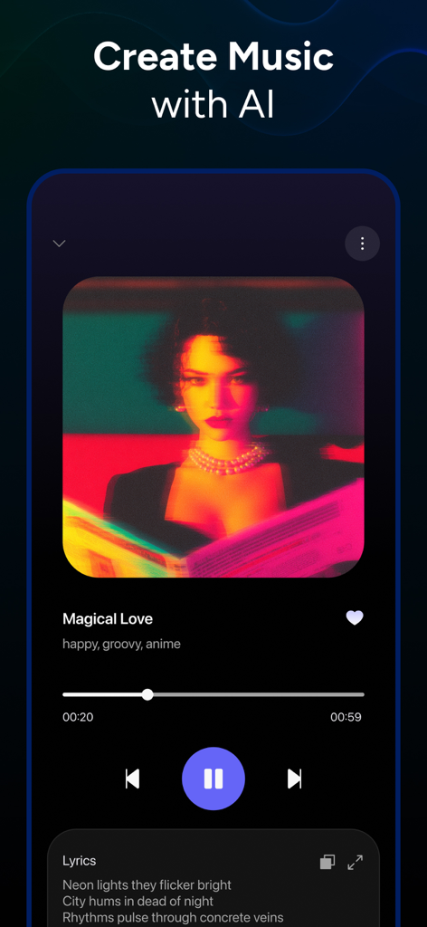Music player interface of Melodia AI app showing a generated song titled Magical Love with lyrics