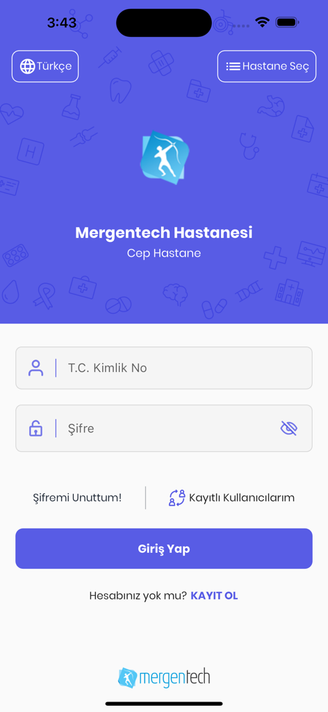 Cep Hastane - Login screen for the Cep Hastane medical app featuring Turkish language options and ID number entry.