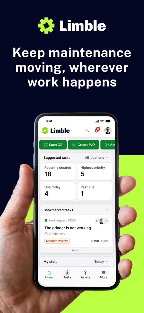 Limble - Panel de la aplicación móvil de Limble mostrando tareas de mantenimiento y órdenes de trabajo