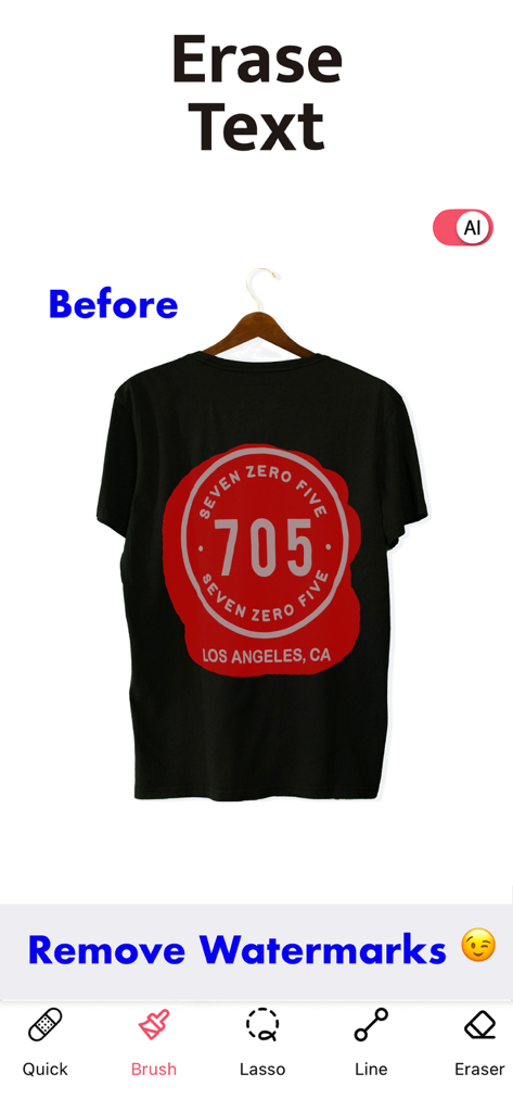 Interface de l'application Magic Eraser illustrant la suppression de texte et de filigrane sur la photo d'un t-shirt.