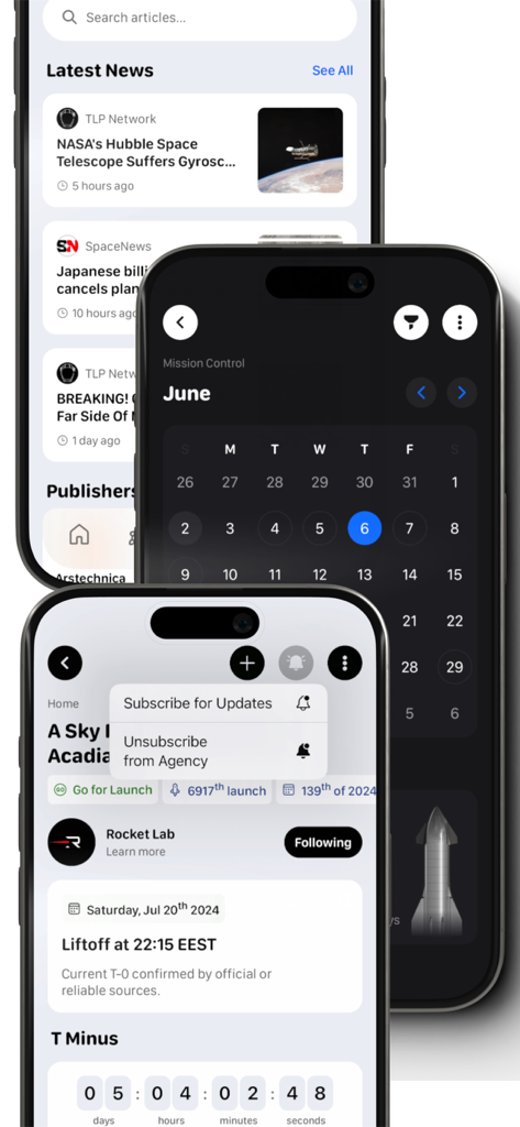 T-Minus – Space Launch Tracker - Tres pantallas de iPhone que muestran el feed de noticias de la aplicación T-Minus, el calendario de lanzamientos y el rastreador de cuenta regresiva