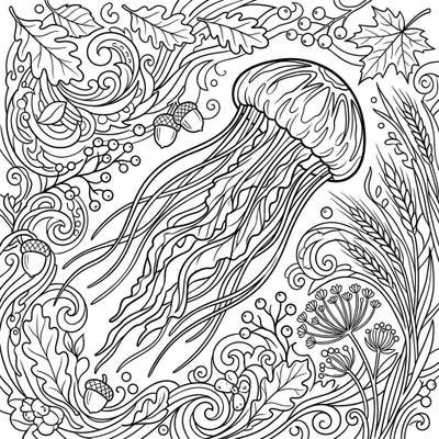 Discover a truly unique coloring experience with this intricate Irukandji jellyfish set against a stunning autumn backdrop. Delicately intertwining tentacles meet falling leaves and harvest motifs, offering a captivating challenge for all coloring enthusiasts.