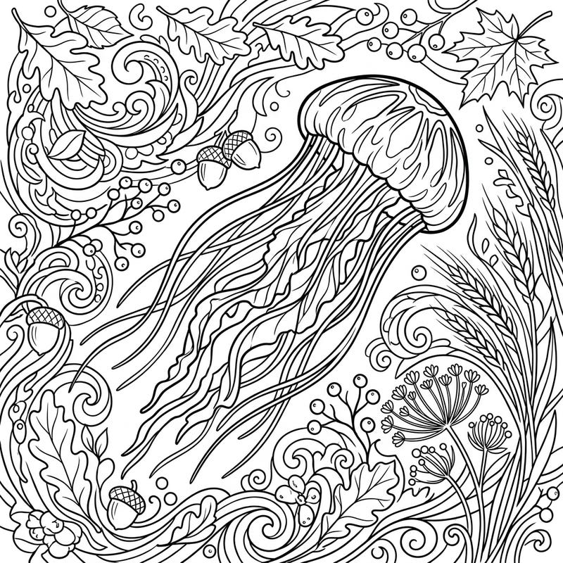 Discover a truly unique coloring experience with this intricate Irukandji jellyfish set against a stunning autumn backdrop. Delicately intertwining tentacles meet falling leaves and harvest motifs, offering a captivating challenge for all coloring enthusiasts.