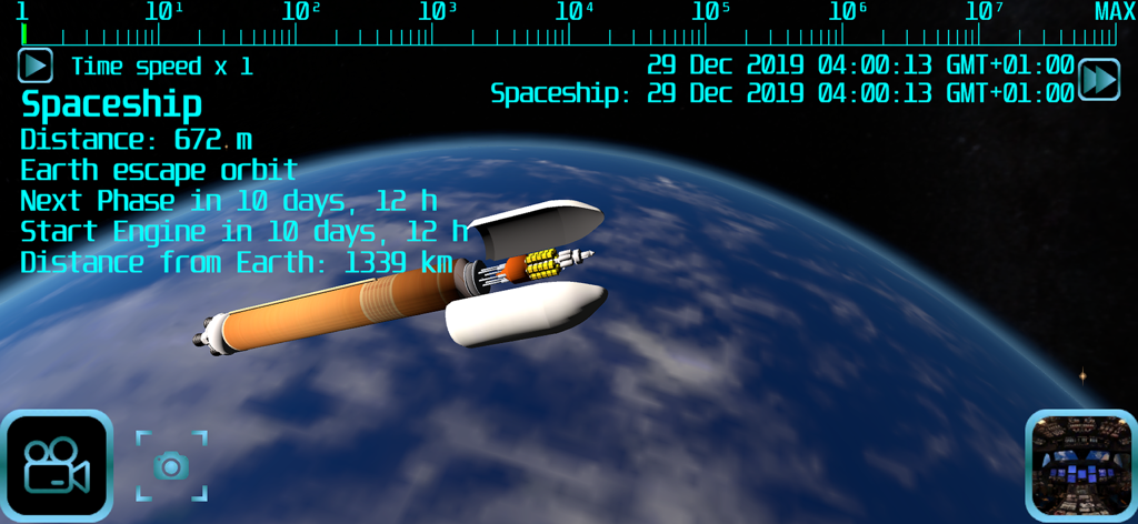 Eine realistische Weltraumsimulation, die ein Raumschiff im Erdorbit mit technischen Flugdaten zeigt