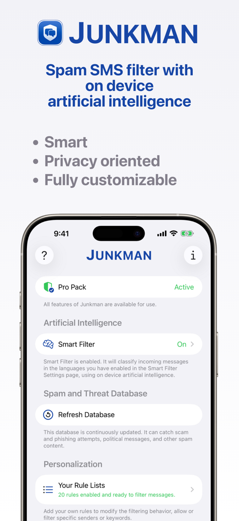 Junkman app interface displaying on-device AI spam SMS filtering and privacy features