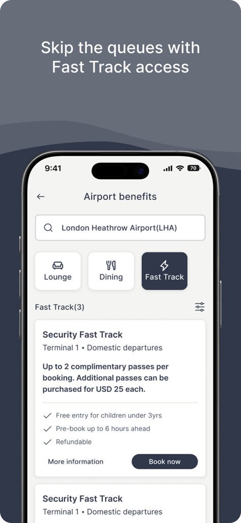 Investec InTransit - Investec InTransit app screen showing security fast track booking details at London Heathrow Airport.