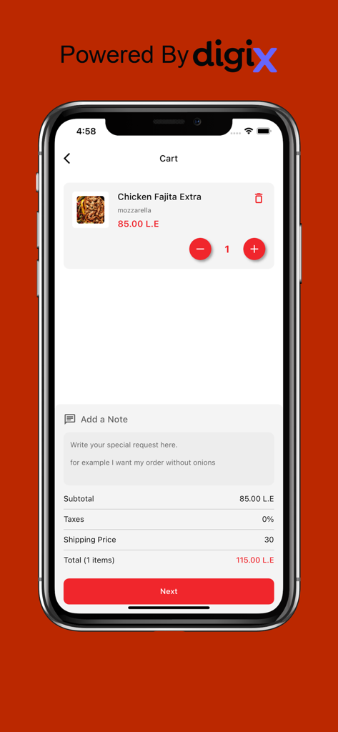 City Crepe - City Crepe 모바일 앱 장바구니 화면으로 치킨 파히타 주문 및 총 가격 표시