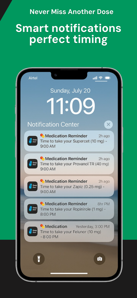 DoseNow: Medicine Tracker - Recordatorios de medicamentos de la app DoseNow mostrados en la pantalla de bloqueo de un iPhone