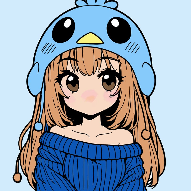 anime girl with chick shaped hat with sweater with bare shoulders with bangs covering them one eye with low tail
