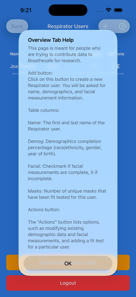 MasqFit - MasqFit 앱 도움말 화면, 연구 및 안면 측정을 위한 호흡기 사용자 데이터 추가 및 관리 방법 설명