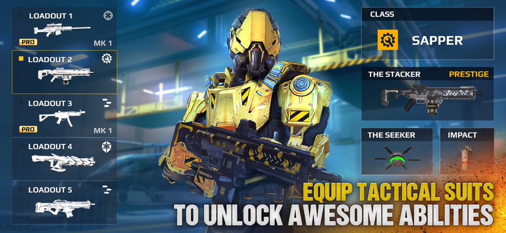 Pantalla de personalización de personajes de Modern Combat 5 mostrando un soldado de clase Zapador con un traje táctico amarillo y configuraciones de armas