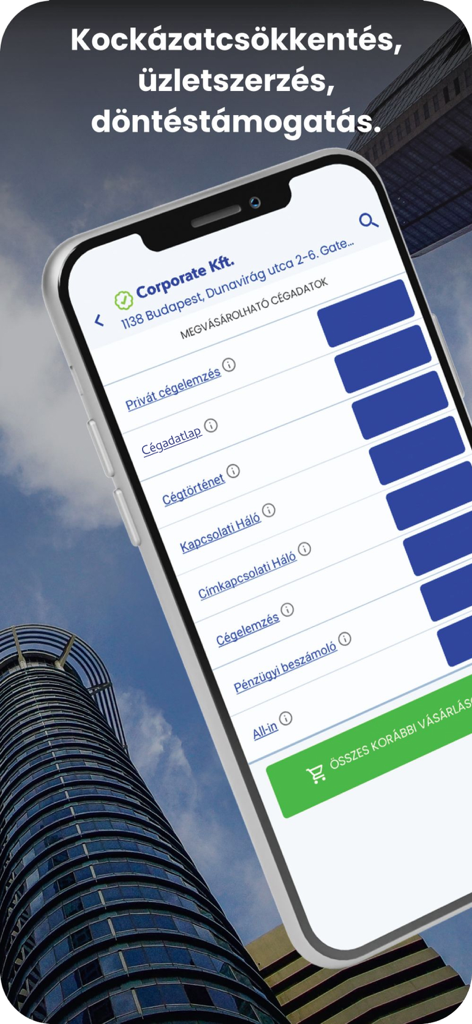Opten Cégtár céginformáció - Opten Cegtar mobile app interface showing Hungarian company information and risk analysis features