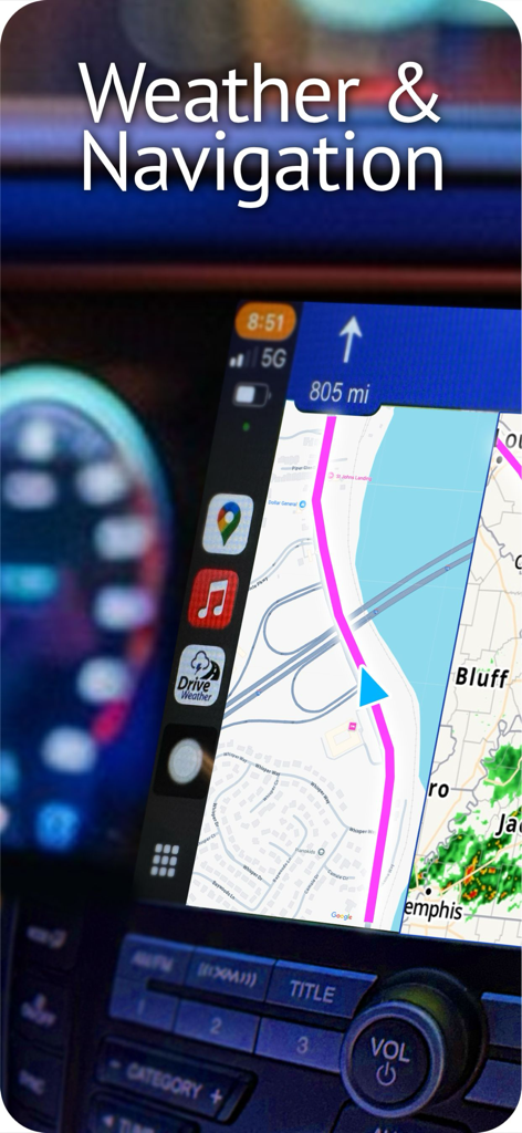 Drive Weather app split-screen view showing weather radar and navigation on CarPlay