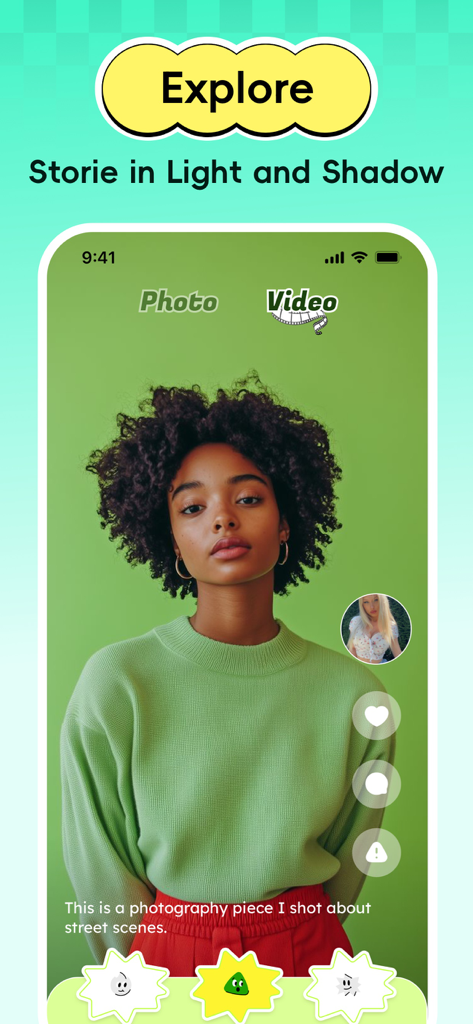 Camil app interface displaying a portrait photo and community engagement features