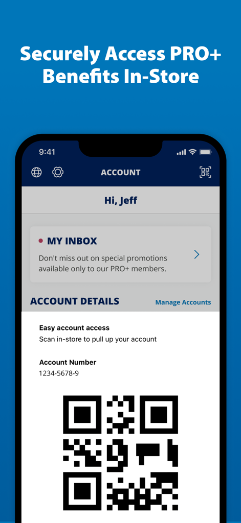 Sherwin-Williams PRO+ - Sherwin-Williams PRO+ app showing account details and QR code for secure in-store access