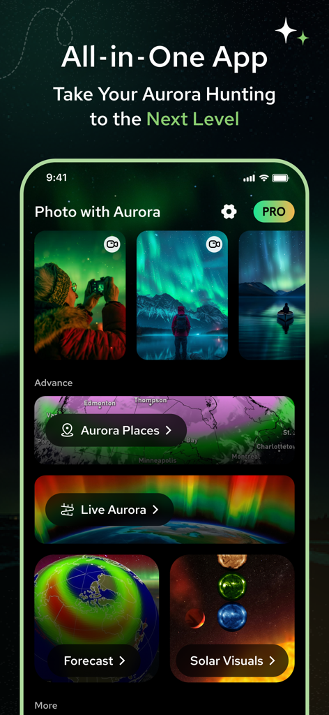 Aurora Forecast - Aurora Track - Interface of the Aurora Forecast app showing features like aurora places, live tracking, and solar visuals.