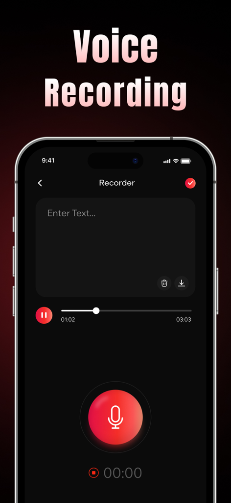 Voice recording interface of the AI Rap Song Maker app featuring a large red record button and a text area for lyrics.