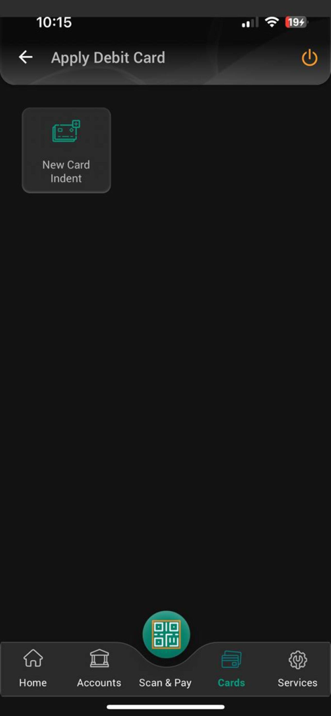 IDBI Bank GO Mobile+ - Pantalla 'Solicitar Tarjeta de Débito' mostrando la opción 'Indentificar Tarjeta Nueva' en la aplicación IDBI Bank GO Mobile