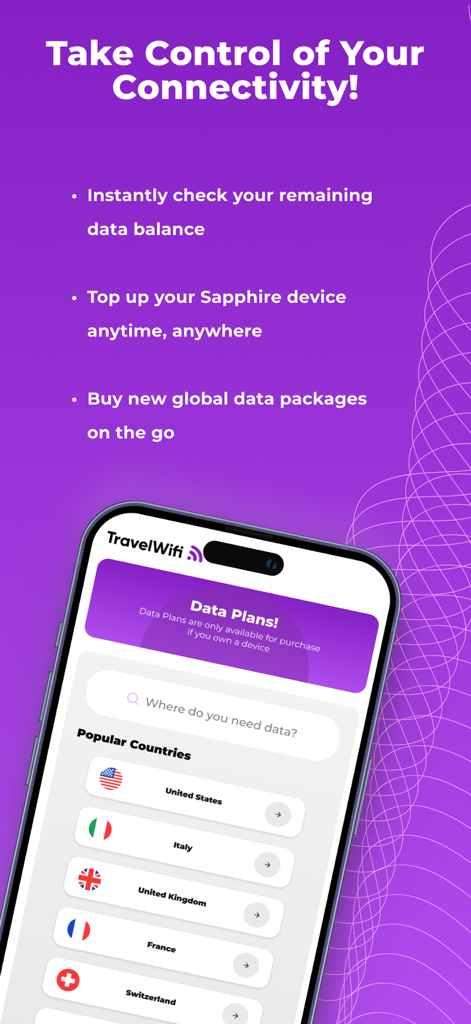 Schermata dell'app TravelWifi che mostra le opzioni per gestire la connettività e acquistare pacchetti dati globali per paesi popolari.