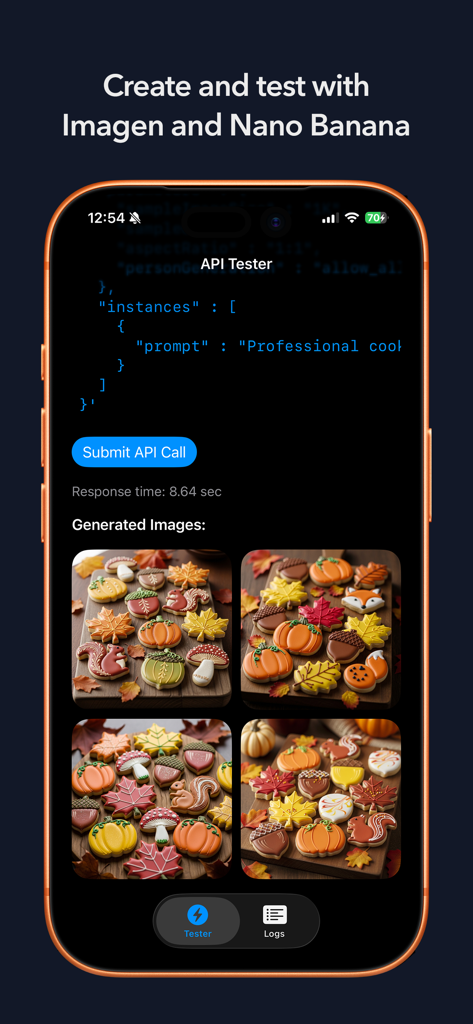 Pantalla del probador de Banana API mostrando código JSON e imágenes de IA generadas de galletas de otoño